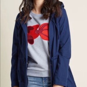 ModCloth blue & white stripped strawberry print hooded long jacket